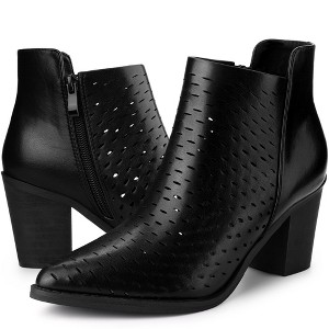 Allegra K Women's Perforated Chunky Heels Zipper Western Ankle Booties - 1 of 4