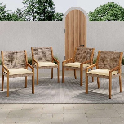 Set of 2 Acacia Wood Outdoor Dining Chairs with Cushions,Patio Dining Chair for Garden or Balcony,Weather Resistant Dining Chair-Coolbibila