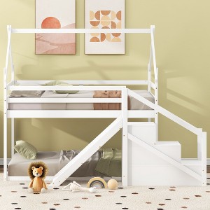NicBex Twin Over Twin Bunk Bed with Storage Staircase,Loft Bed with Safety Guardrail and Slide for Bedroom,White/Brown - 1 of 4