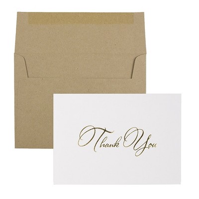 JAM Paper Thank You Card Sets White Care with Gold Script & Kraft Envelopes D41115TYBKMB