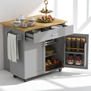 Kitchen Island Cart with Drop Leaf Rubber Wood Top, Large Drawer with Dividers, Storage Rack, Adjustable Shelf, and Locking Wheels for Dining Room - 1 of 4