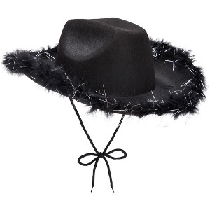 Juvolicious Cowboy Hats for Women and Men - Fluffy, Sparkly Black Cowgirl Hat with Feathers for Costume, Birthday, Party - 1 of 4
