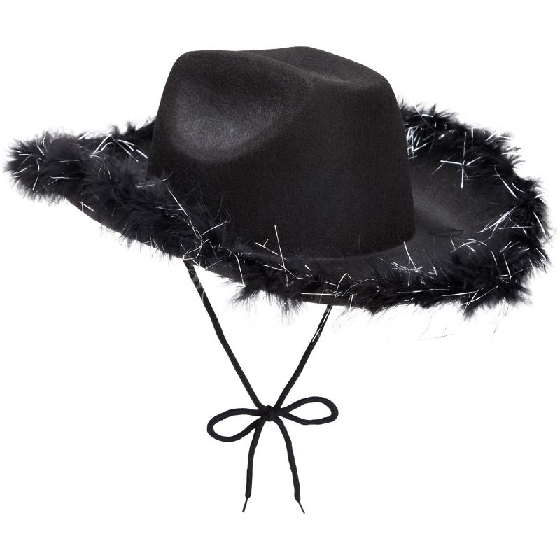 Juvolicious Cowboy Hats for Women and Men - Fluffy, Sparkly Black Cowgirl Hat with Feathers for Costume, Birthday, Party, 1 of 9