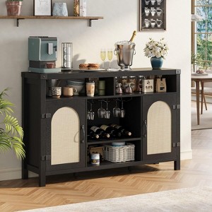 Farmhouse Wine Bar Cabinet, Rattan Coffee Bar with Adjustable Storage Shelves, Boho Liquor Sideboard with Wine Racks for Living Dining Room Kitchen - 1 of 4