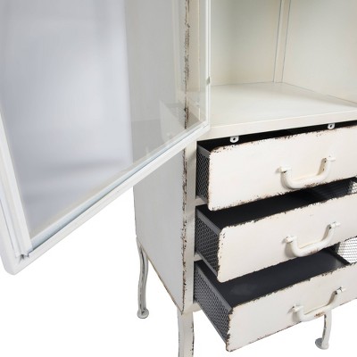 Distressed White Metal Cabinet with 3 Drawers and Open Shelf