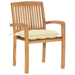 vidaXL Solid Teak Wood Patio Chairs with Cream White Cushions - Set of 2, Durable Outdoor Garden Furniture with Slatted Backrests, Stackable Design - 1 of 4