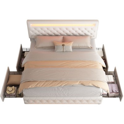 CAVINAS Full/Queen/King Size Modern Platform Bed Frame with LED on Headboard & 4 Storage Drawers,No Box Spring Needed