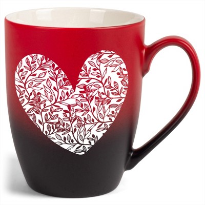 Elanze Designs Heart Leaf Two Toned Ombre Matte Red and Black 12 ounce Ceramic Stoneware Coffee Cup Mug