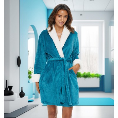Medium Turquoise Fleece Plush Bathrobe with Faux Fur Trim
