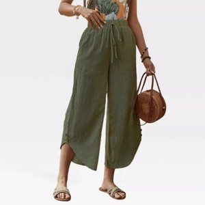 Womens Summer Pants Casual Linen Capris Pants with Drastring Wide Leg Roomy Non-Restrictive Trouser with Curvy Slit Hem - 1 of 4