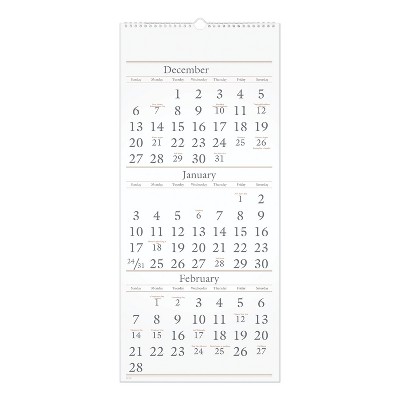 Three-Month Reference Wall Calendar, 12 x 27, White Sheets, 14-Month: Dec 2025 to Feb 2027