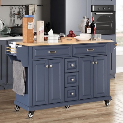 Wood Top Kitchen Island Cart with Wheels, 4 Doors & 5 Drawers, Rolling Storage Cabinet for Kitchen or Dining-The Pop Home