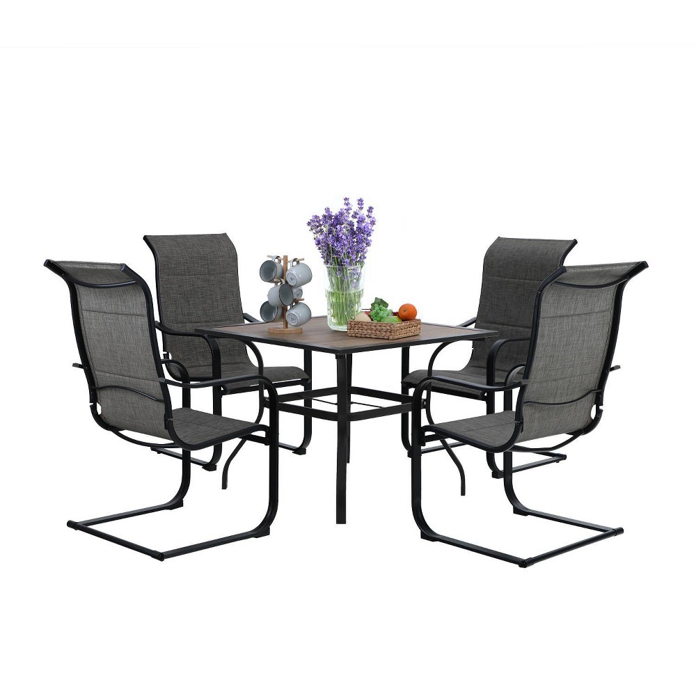 Patio Set with Steel Table with 157 Umbrella Hole & Metal Padded Sling C Spring Arm Chairs Captiva Designs