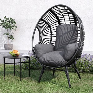 YOOCOZZ Outdoor Patio PE Rattan Egg-Shaped Chair with Curved Back and Semi-Enclosed Cushion - Black+Grey - 1 of 4
