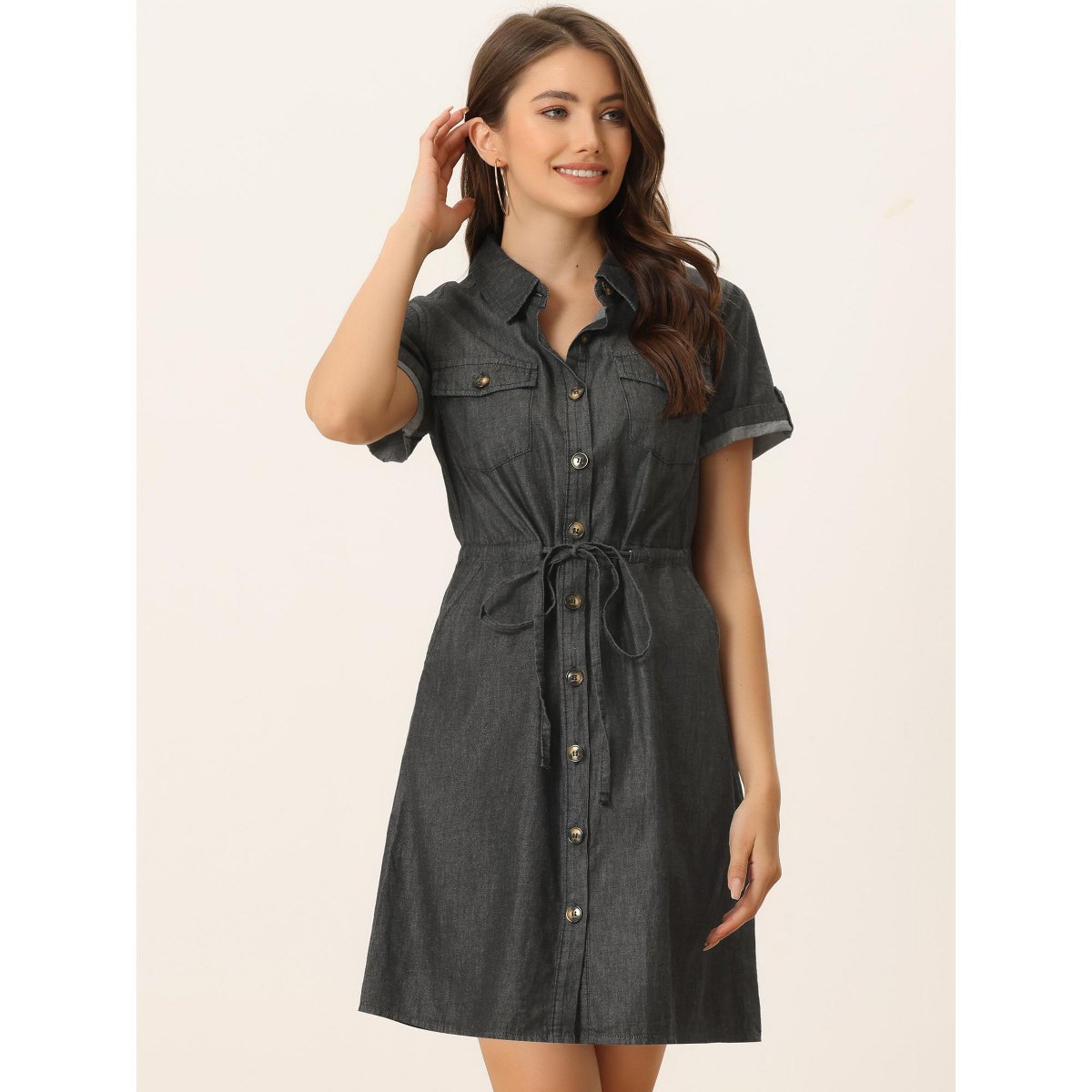 Женские платья INSPIRE CHIC Women's Jean Chambray Summer Casual Button Down Denim Dresses X-Large Black — фото 3