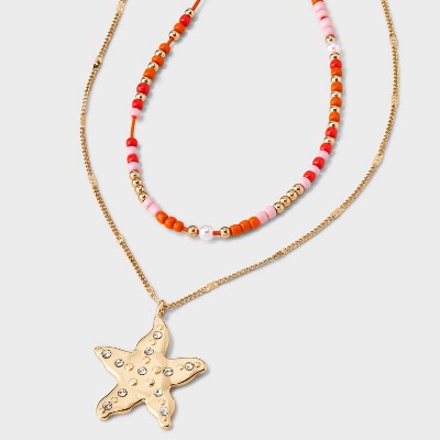 Starfish Charm Multi-Strand Pendant Necklace - Wild Fable™ Gold/Orange/Pink