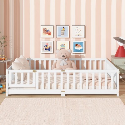Full Size Wooden Floor Toddlers Bed with Fence and Door, Rubber Wood Montessori Platform Bed for Kids Room-Baofuwish