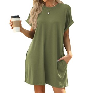 BLUEMING Womens T Shirt Dresses Crew Neck Mini Dresses Casual Short Sleeve Loose Flowy Dress with Pockets - 1 of 4