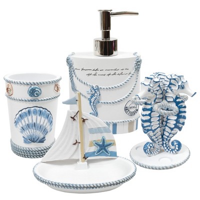 Nautical Blue and White Resin Bathroom Accessory Set, 4 Pieces