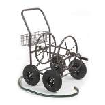 Liberty Garden 871 4 Wheel 250 Foot Capacity Steel Frame Water Hose Reel Cart with Basket for Backyard, Garden, or Home, Brown