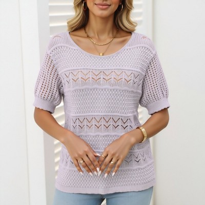 Knit & Lounge Women’s Textured Knit Top Open Stitch Pattern Half Sleeve Lightweight Sweater Scoop Neck Casual Pullover