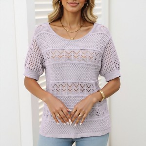 Knit & Lounge Women’s Textured Knit Top Open Stitch Pattern Half Sleeve Lightweight Sweater Scoop Neck Casual Pullover - 1 of 4