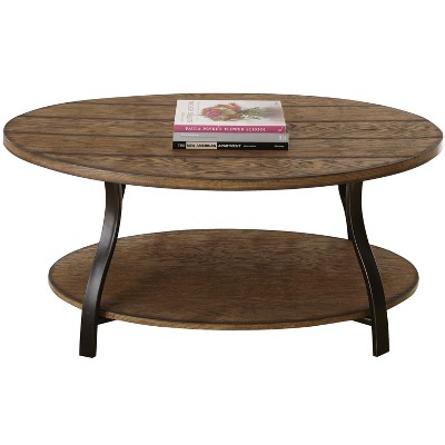 Vynxaria Modern Style Oval Cocktail Table - Brown, Oak Veneers & Shaped Metal Tube, Planked Tops, Low-Sheen Burnish & Powder-Coat Legs