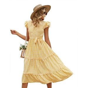 Women's Summer Casual Dresses Cap Ruffle Sleeveless V Neck Smocked Flowy Beach Sundress Belted Tiered Boho Maxi Dress - 1 of 4