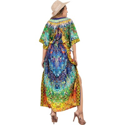 LA LEELA Women's Maxi Caftan Dress – Plus Size Cover Up, Beach Evening Gown, Drawstring Fit - View #4
