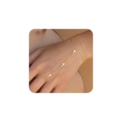 Turandoss 2PCS Gold Hand Chain Bracelet for Women - Dainty 18K Gold Hand Chain, Finger Rings Link Bracelets, Birthday Christmas Gifts for women, 6+2In