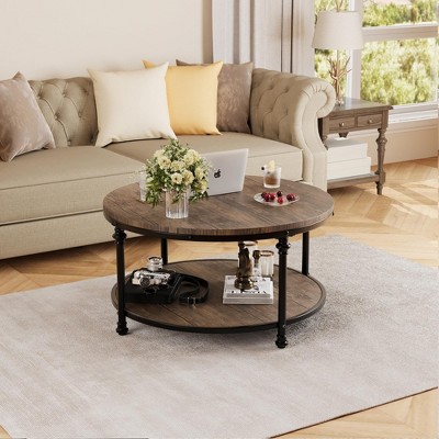 Homhougo Round Coffee Table for Living Room, Rustic Center Table with Storage Shelf, 2-Tier Wood Circle Coffee Table