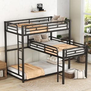 Whisen L-shaped Metal Triple Twin Size Bunk Bed with 2 Ladders- Black - 1 of 4