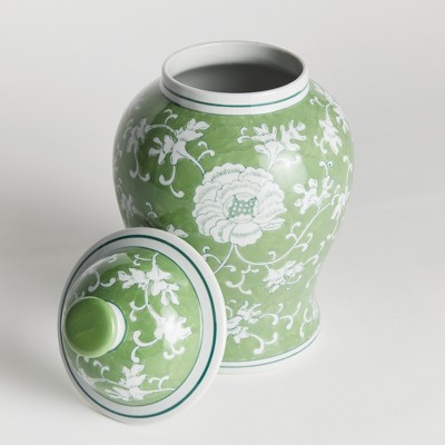 Green and White Porcelain Floral Lidded Ginger Jar