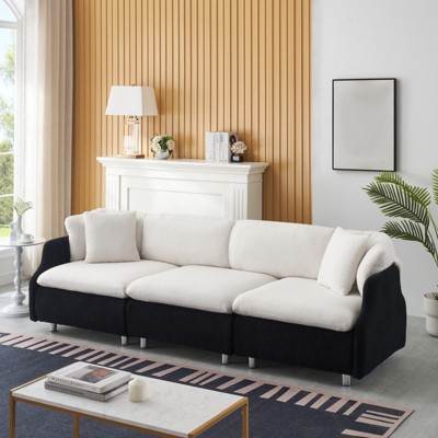 95" 3 Seater Sofa Couch, Comfy Teddy Fabric Upholstered Lounge Sofa, Deep Seat Modern Loveseat for Living Room Apartment Bedroom White