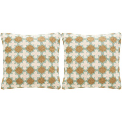 Carna 20" Green and Beige Geometric Wool Throw Pillows, Set of 2