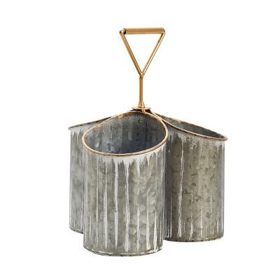 Farmlyn Creek 3 Compartment Vintage Galvanized Utensil Holder for Countertop Organizer, Multi-Purpose Caddy (Rustic, 7.8 x 8 x 10.6 In)