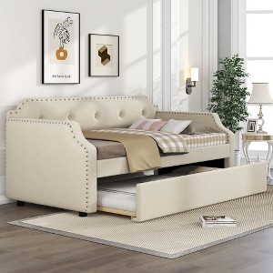 Sapphtopaz Modern Daybed Bed Frame with Nailhead Trim Wood Upholstered Platform Bed for Bedroom, Apartment - 1 of 4