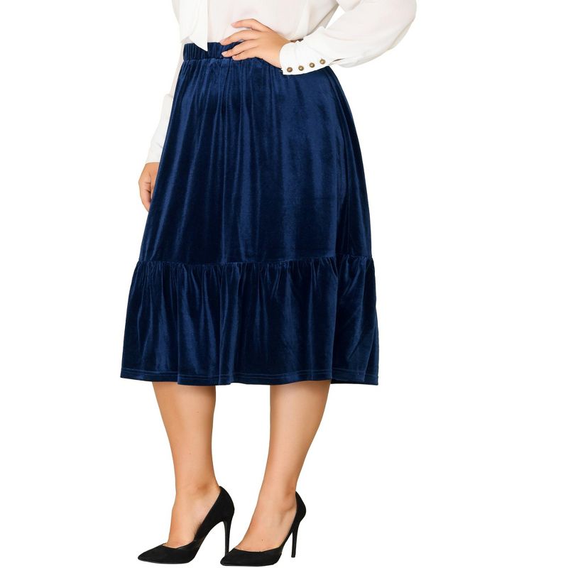 Agnes Orinda Women's Plus Size Velvet Elastic Waist Ruffle Hem Party Midi A Line Skirts, 2 of 6