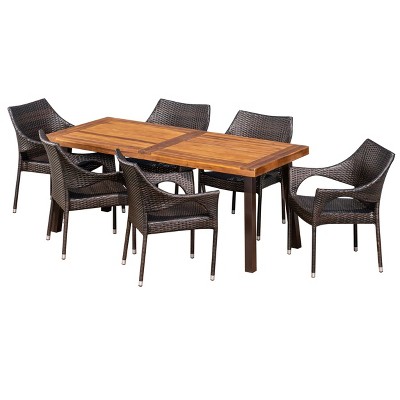 Piper 7pc Acacia & Wicker Dining Set - Teak/Brown - Christopher Knight Home