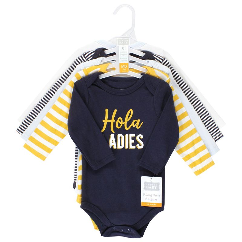 Hudson Baby Infant Boy Cotton Long-Sleeve Bodysuits, Hola Ladies 5-Pack, 2 of 8