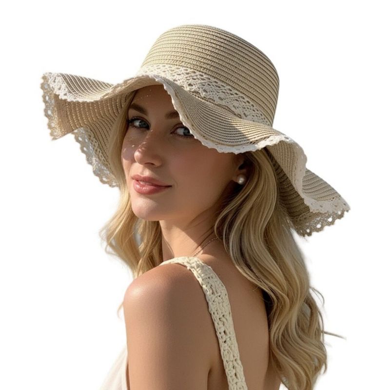Anna-Kaci Women's Wide Brim Straw Sun Hat Lace Trim Bow Adjustable Chin Strap Breathable Packable Summer Beach Hat - Beige