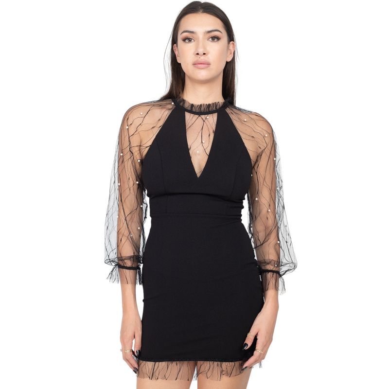 Slickblue Sexy Pearl Trim Mesh Bodycon Dress with Sheer Detailing, Date Night Look, Blush, S