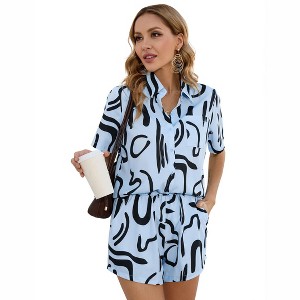 Clearlove Women's 2 Piece Outfits Short Sleeve Button Down Shirts Top High Waist Shorts Set Tracksuit - 1 of 4