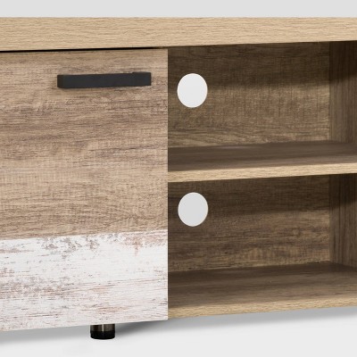 Joliet Warm Beige & White Distressed TV Stand with Cabinet for 80" TVs