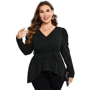 Women Plus Size Puff Sleeve Blouse with Belt - 1 of 1