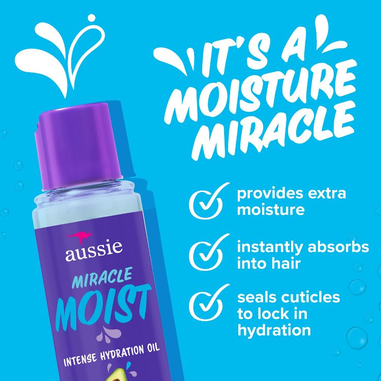 Aussie Miracle Moist intense hydration hair oil bottle with a purple colored cap and label on a blue colored background reading "IT'S A MOISTURE MIRACLE" and checkmark benefit text.