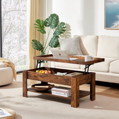 VECELO Coffee Table Lift Top Coffee Tables with Hidden Compartment and Storage Shelf Dining Table for Living Room, Brown