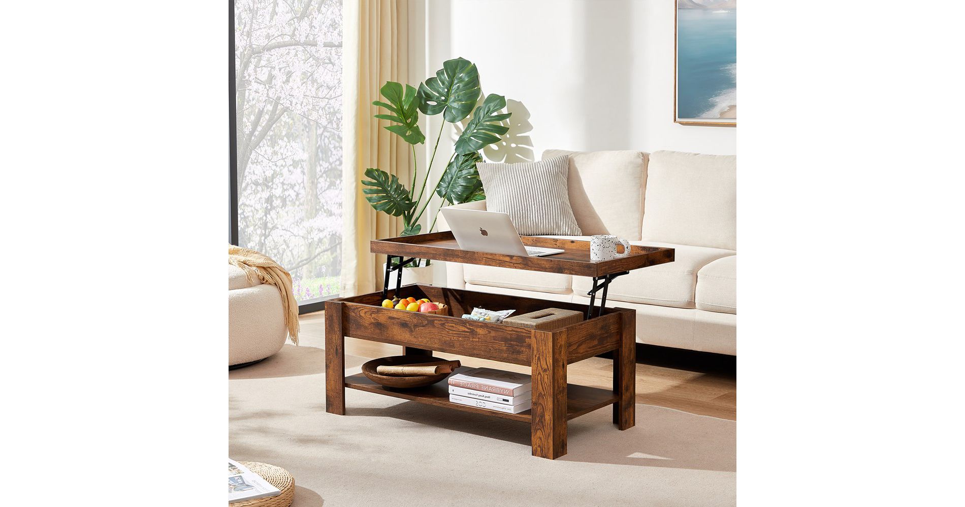VECELO Coffee Table Lift Top Coffee Tables with Hidden Compartment and Storage Shelf Dining Table for Living Room, Brown