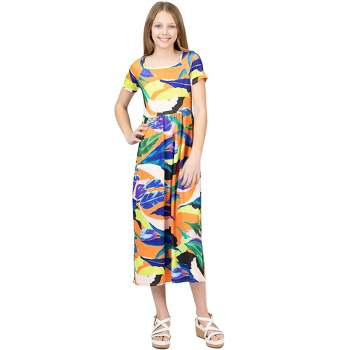 24sevenkid Girls Bright Floral Print Short Sleeve Maxi Dress