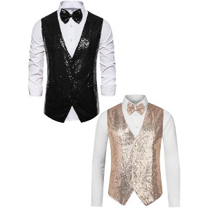 Lars Amadeus Men's Glitter Sequin Sleeveless Suit Vest Set with Bow Tie 2 Packs - 1 of 4